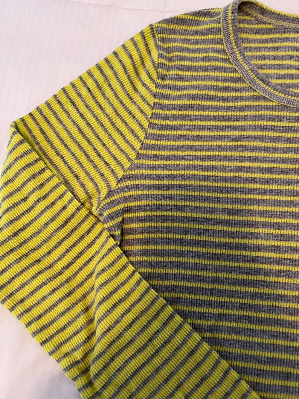 Striped Long Sleeve Thermal Knit Top in Yellow and Gray